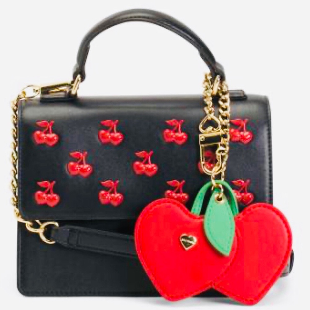 Auth. Betsey Johnson Purse: Black Satchel Crossbody, Red Cherries, Bag Charm NWT
